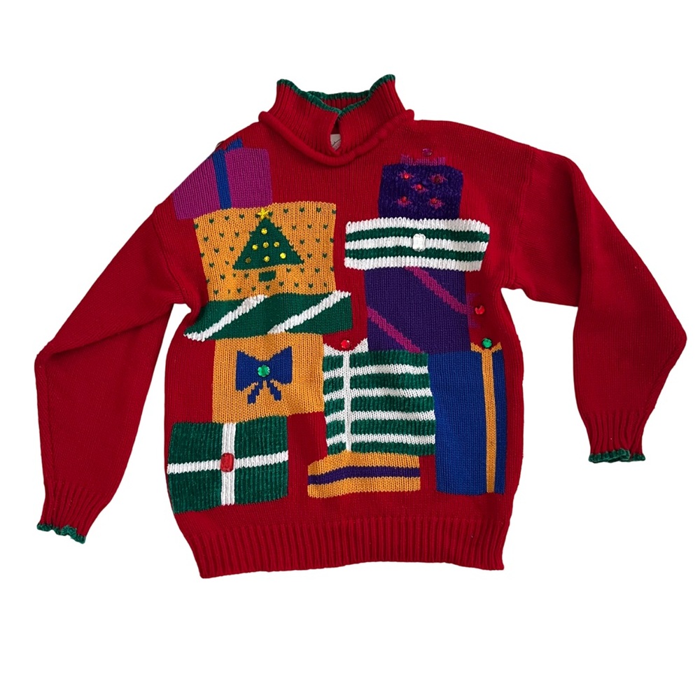 Vintage Pinwheels Festive Holiday Christmas Sweater with Rhinestones, Size Large